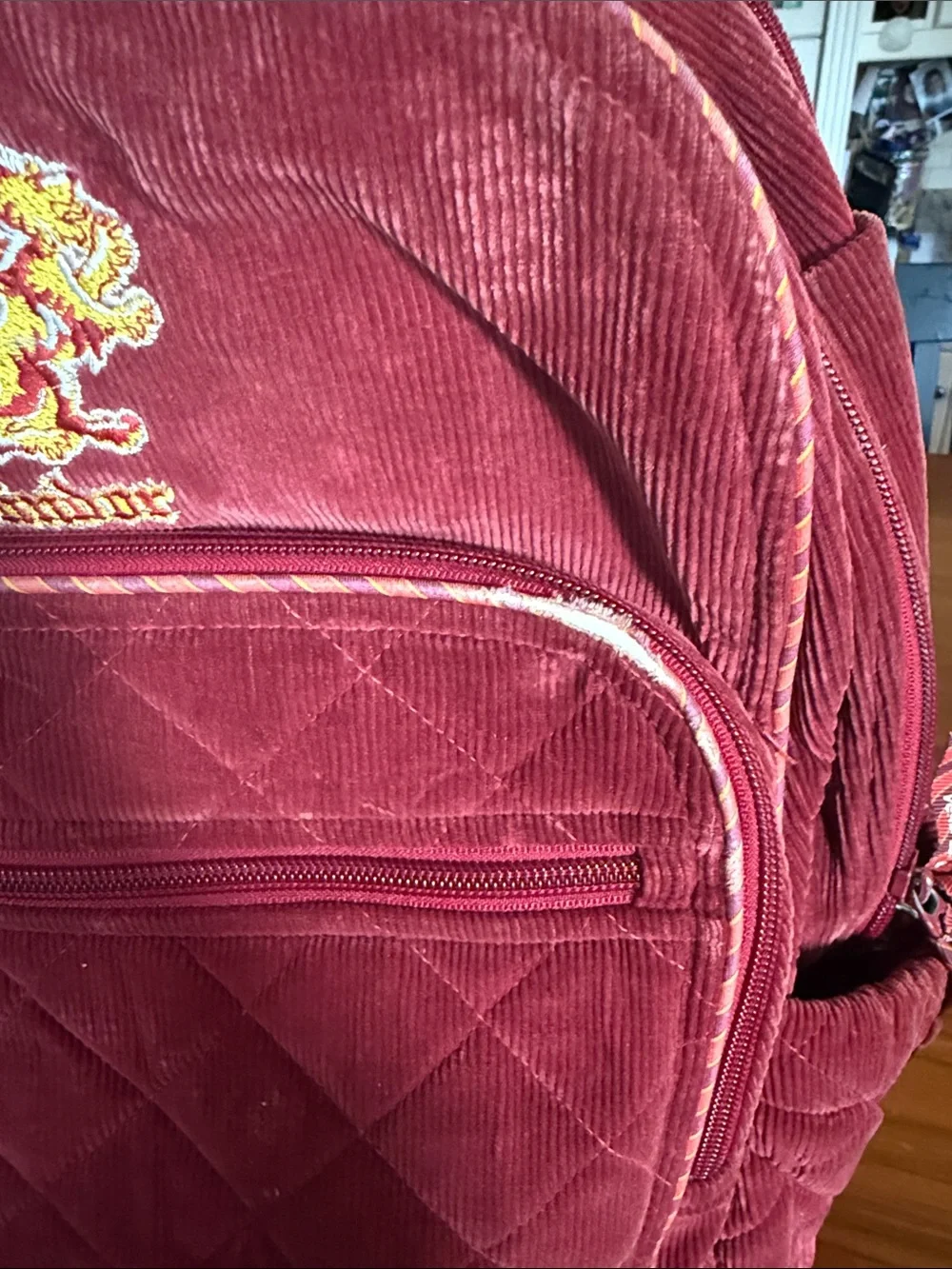 Vera Bradley Quilted Corduroy Backpack in Burgundy with Gryffindor Crest